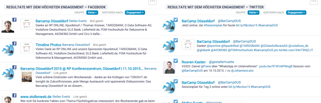 IQ App Content Analytics 2 (Posts mit dem höchsten Engagement; BarCamp Düsseldorf)