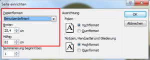 Die Seitengröße einer PowerPoint-Datei lässt sich anpassen unter Entwurf > Seite einrichten > Benutzerdefiniertes Format.