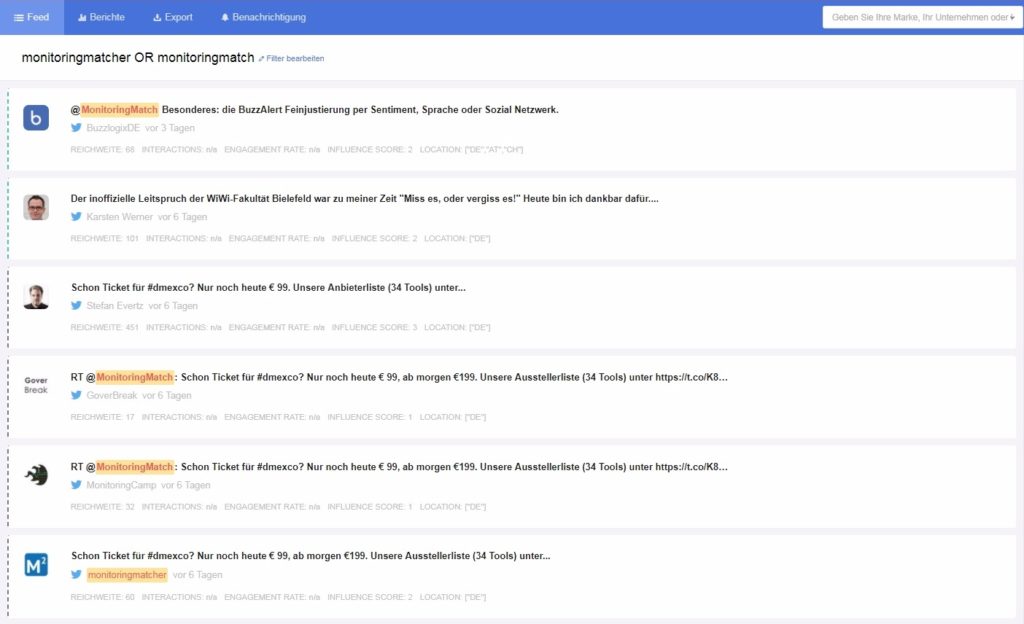 Google Alerts Alternativen: Mediatoolkit Ergebnisliste